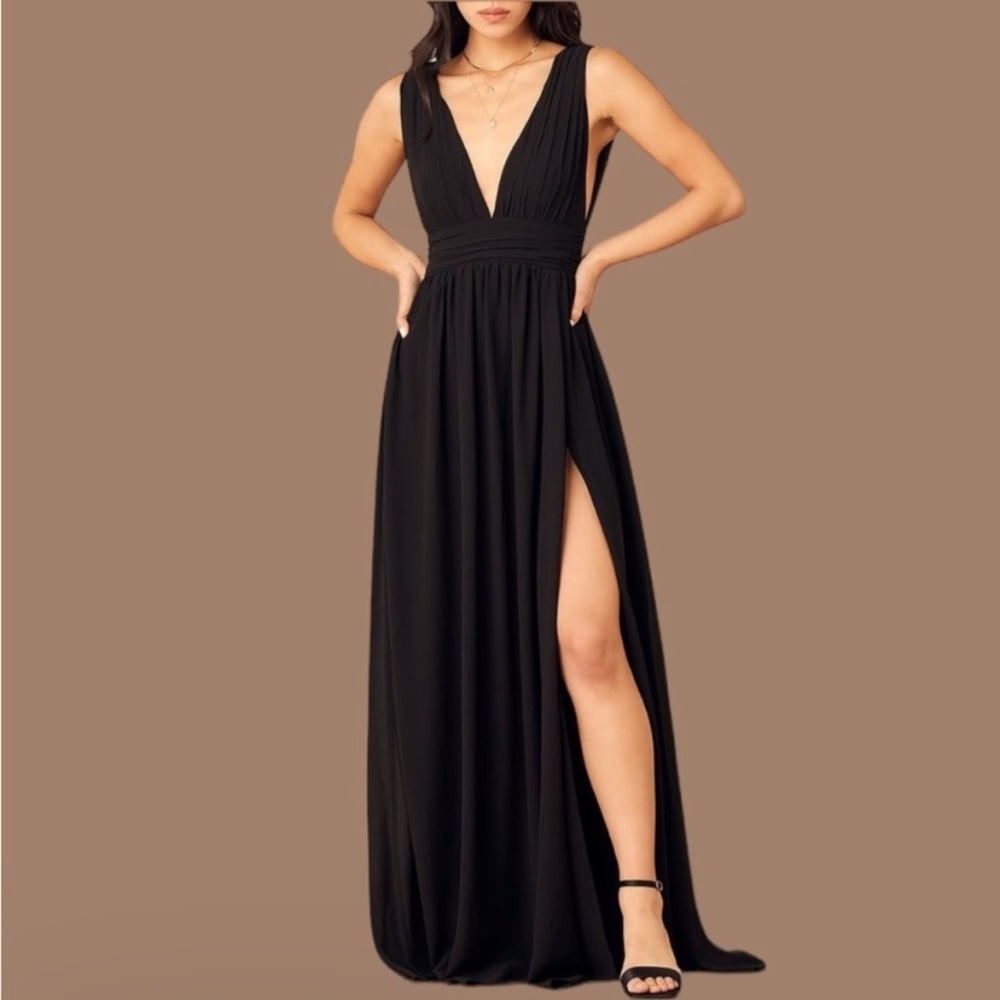 Lulus Medium NEW Heavenly Hues Maxi Sleeveless Dress Black Slit Cut Deep V Neck